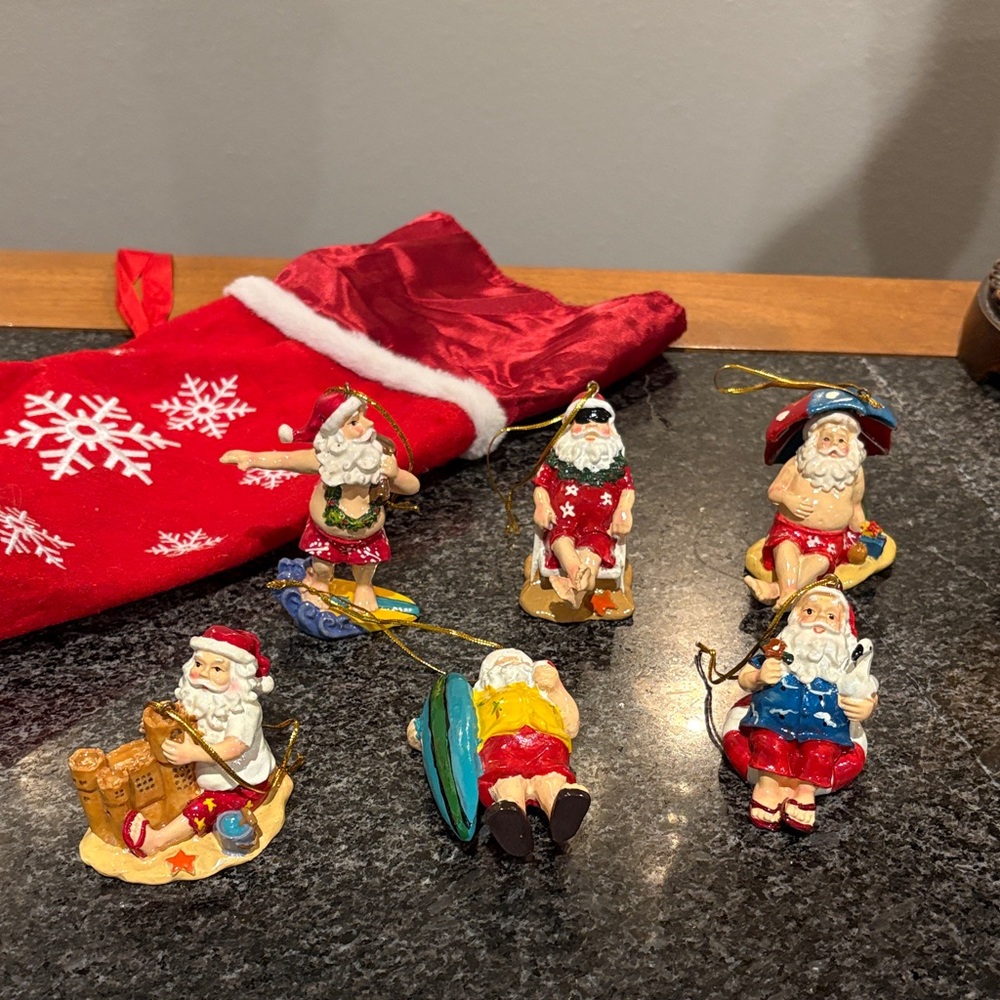 Set of 6 Beach Santa Claus Ornament Collection - Red, Blue, Yellow